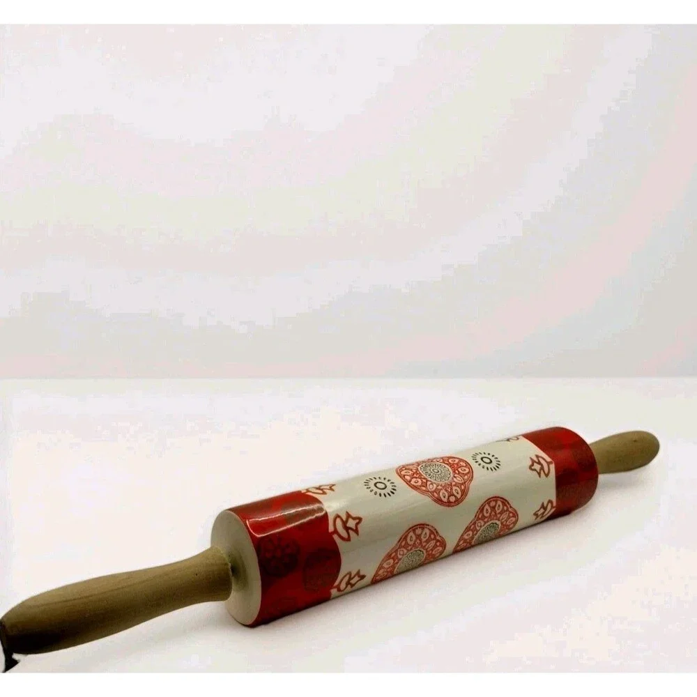 Anthropologie Red Mandala Roll the Dough Ceramic Rolling Pin ~Wood Handles~ 18